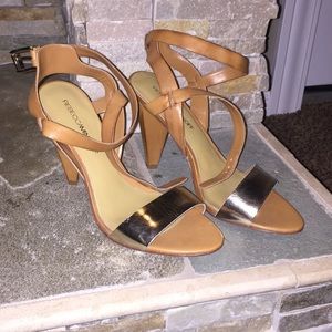 Tan, strapped heels with gold open toe